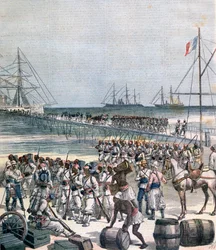 Landstigning av de senegalesiska trupperna vid New Wharf i Cotonou, Benin, 1892