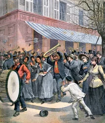 Frälsningsarméns marsch ledd av en trummis som barackerades av åskådare i Paris, 1892