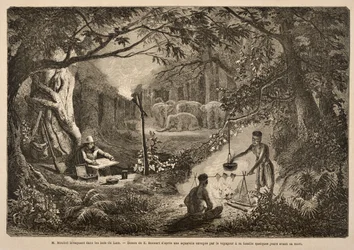 Henri Mouhot Camping i Laos djungler, illustration från 