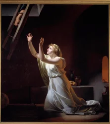 En vestals straff. En vestal, en romersk prästinna bunden till kyskhet, begravs levande i en källare för sin förseelse. Målning av Henri-Pierre Danloux (1753-1809), 1790, 1,6 x 1,45 m