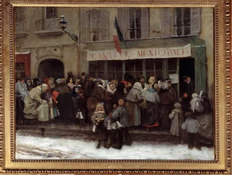Kommunal matsal under belägringen av Paris 1870 Parisare myller framför en kommunal matsal vid tiden för preussarnas belägring av staden. Målning av Henri Pille (1844-1897)