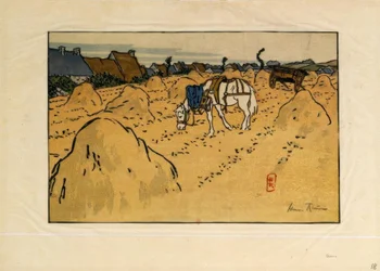 En häst och byn La Chapelle (Saint-Briac)