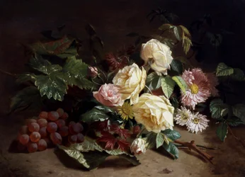 Stilleben med sommarblommor och vindruvor. Målning av Henri Robbe (1807-1899) Privat samling.