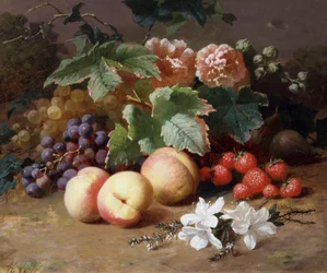 Stilleben med blommor och frukt. Målning av Henri Robbe (1807-1899) Privat samling.