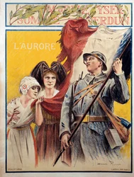 Gryningen: propagandaposter under första världskriget med två kvinnor som representerar Alsace och Lorraine (Alsace-Lorraine)