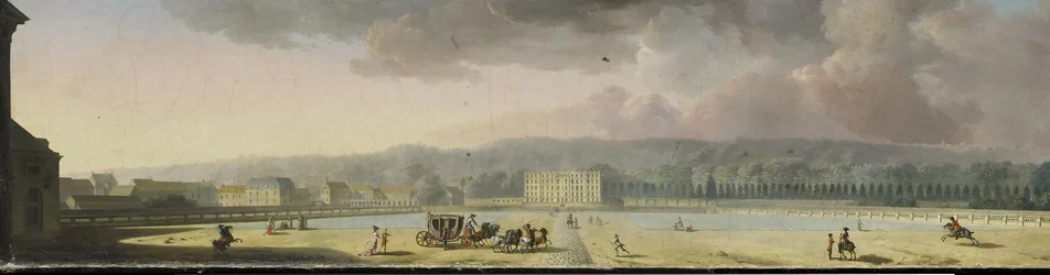 Vy över ett slott i ett kuperat landskap