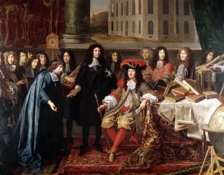Jean-Baptiste Colbert presenterar ledamöterna i Kungliga vetenskapsakademin för Ludvig XIV, detalj, ca 1667 (olja på duk)