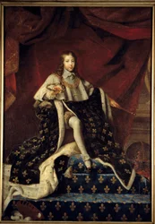Ludvig XIV var 10 år gammal (1638-1715), representerad 1648 på sin tron i stor kunglig mantel, beskyddare av Royal Academy of Painting and Sculpture, omgiven av vetenskapens och konstens attribut. Målning av Henri Testelin (1616 - 1695) (h s/t 2.