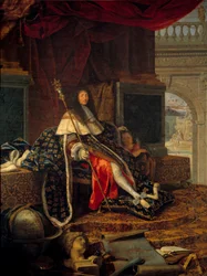 Porträtt av Ludvig XIV (1638 - 1715) kung av Frankrike, beskyddare av Royal Academy of Painting and Sculpture, med Charles V dit de Charlemagnes spira. Målning av Henri Testelin (1616-1695)