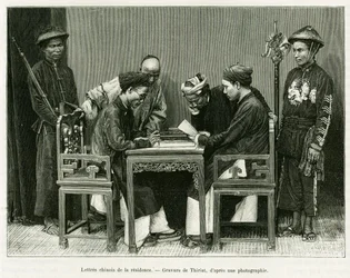 Kinesiska brev från det franska residenset i Hanoi. Gravyr av Thiriat, efter ett fotografi, för att illustrera historien Trente mois au Tonkin 1884, av Doctor Hocquard, i le tour du monde 1889, regisserad av Edouard Charton (1807-1890), Hachette, Paris.