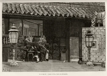 Kung Dong Khanh (1864-1889) Kejsare av Annam, hem i den kejserliga staden Hue (Vietnam). Gravyr av Thiriat, för att illustrera berättelsen "" Trente mois au Tonkin"" av Dr Charles Edouard Hocquard (1853-1911), 1885, i Le tour du monde, nouveau journal de