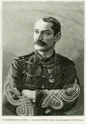 Överstelöjtnant Joseph Gallieni (1849-1916). Gravyr av Thiriat, för att illustrera berättelsen Två kampanjer i franska Sudan