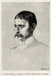 Porträtt av Dr Carl Peters (1856-1918) tysk upptäcktsresande. Gravyr av Thiriat för att illustrera berättelsen "" Au secours d