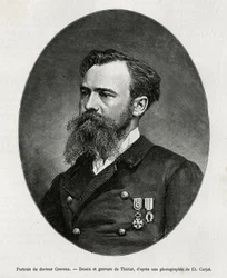 Porträtt av Dr Jules Nicolas Crevaux (1847-1882), läkare och upptäcktsresande i Sydamerika (från Franska Guyana till Argentina), han var mycket intresserad av studiet av moral och historien om de befolkningar han mötte under sina resor, han redierade många