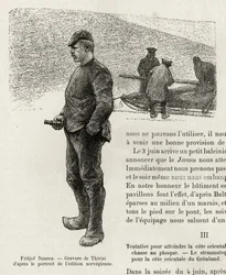 Porträtt av Fridtjof Nansen (1861-1930) norsk polarforskare. Gravyr av Thiriat, för att illustrera berättelsen "" La premiere travversee du Greenland"" av Fridtjof Nansen (1861-1930), 1888, i Le tour du monde, nouveau journal des voyages, redigerad av Edo