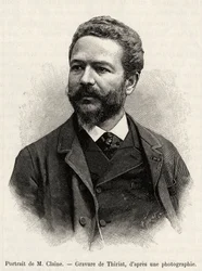 Porträtt av Jules Claine (1856-1939), upptäcktsresande och diplomat, författare till berättelsen. Gravyr av Thiriat för att illustrera historien "" ett år i Malaysia", av Jules Claine (1856-1939)