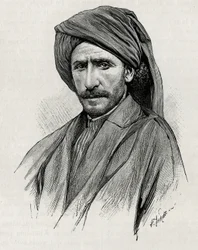 Porträtt av schejk Moses, den mäktigaste stamledaren i Arabistan (eller Arabiska halvön). Gravyr av Thiriat som illustration till berättelsen "Persien, Kaldéen och Susiana"