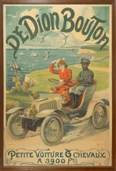Reklam för De Dion Bouton-bilar som föreställer La Belle Otero vid ratten och Michel Zelete, betjänt av markisen av Dijon bredvid henne