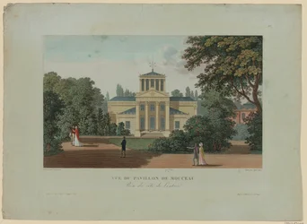 Vy över Pavillon de Monceau från ingången, graverad av Nyon Jeune, 1816