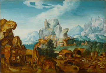 Stenigt landskap med en smedja Flygningen till Egypten, före 1550.
