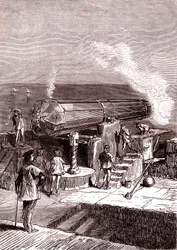 Den gigantiska kanonen på ön Malta, konstverk, "Från jorden till månen" av Jules Verne
