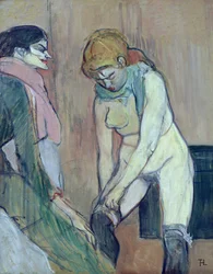 Kvinna som tar på sig sin strumpa, eller kvinnan i huset, ca 1894 (olja på kort)