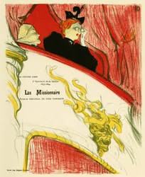En kvinna i ett omklädningsrum för teater med hjälp av en kikare. Affisch för missionären, pjäs av Marcel Luguet, representerad 1893 på Free Theatre skapad 1887 av Andre Antoine (1858-1943), Illustration en lithographie av Henri de Toulouse Lautrec