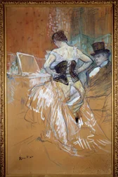 Conquete in transit, kvinnan i korsetten Prostituee klär sig framför sin klient på en bordell. Pastell och teckning av Henri de Toulouse Lautrec (Toulouse-Lautrec