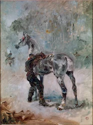 Gunner sadlar sin häst. Målning av Henri de Toulouse-Lautrec (1864-1901)