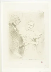 Portret av skådespelerskan Marthe Brandès som skådespelare Louis-Pierre Leloir i toneelstuk Les Cabotins Brandès och Leloir i Cabotins