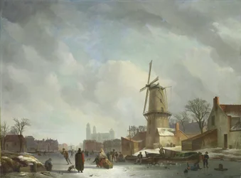 Lek på en frusen kanal i en stad