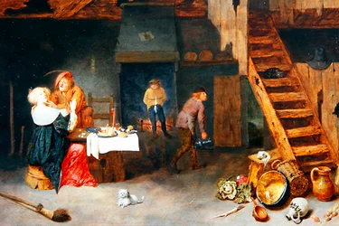 En bondeinteriör med figurer som surrar vid ett bord (olja på panel)
