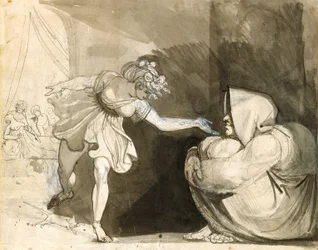 Galinthias överlistar Eileithyia genom att tillkännage Herakles födelse (Verso: Portrait Of Mrs. Fuseli) (grafit-, bläck- och bläcktvättar förhöjda med vitt på vitt papper)