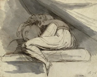 Kvinna som sitter, uppkrupen, efter 1778 (Blyertspenna, penna, brunt bläck och grått tvätt)