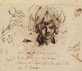 Mrs. Fuseli bär en utarbetad huvudbonad och studier av ett öga, mun och bål (penna och bläck)