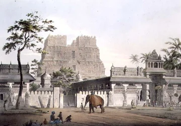 Pagoda at Ramisseram, plåt IX, graverad av J. Bluck (fl.1791-1831) 1809 (gravyr)