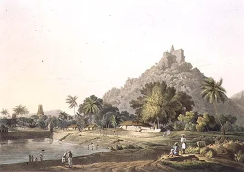 Pagoder at Trinchicunum, plåt XI, graverad av Daniel Havell (1785-1826) 1809 (gravyr)