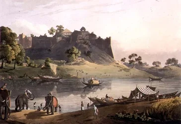 Ruinerna av fortet i Juanpore vid floden Goomtee, skylt V, graverad av Daniel Havell (1785-1826) 1809 (gravyr)