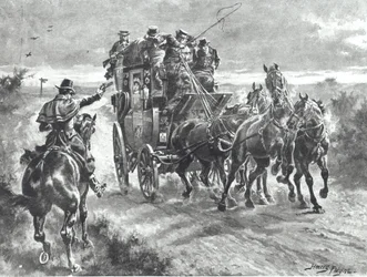 "Stand and Deliver", vägman håller upp diligens i början av 1800-talet (litho)