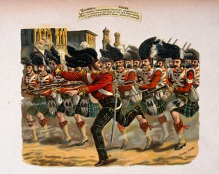 Löjtnant Herbert T. Macpherson rusar uppför en gata i Lucknow i spetsen för 78th Highlanders, från en serie med titeln "Victoria Cross Gallery, 1854-84", publicerad 1890