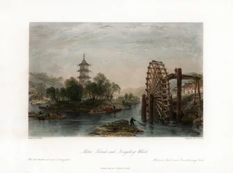 Melonöarna och bevattningshjulet, Kina, c1840.