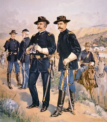 Brigadgeneral Nelson A. Miles, linjeofficerare och värvade mig i kampanjdräkt från 1888 (lito i färg)