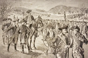 Upplösning av den amerikanska kontinentala armén i New Windsor, New York, början av november 1783 (litho)