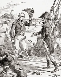 Kapten Dacres från HMS Guerriere kapitulerar och erbjuder sitt svärd till kapten Hull ombord på USS Constitution efter hans nederlag under kriget 1812, från The History of Our Country, publicerad 19
