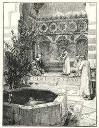 Ta emot gäster i en levan, Damaskus (litho)