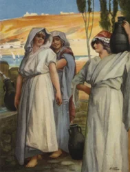 Kvinnor drar vatten vid en brunn (färg litho)