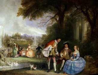 Ursäkta mig... Scener galantes i en trädgård med fontäner (vördnad). Målning av Henry Andrews (D.1868 brittisk) Privat samling