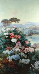 Kamelia och andra blommor i ett landskap (olja på duk)