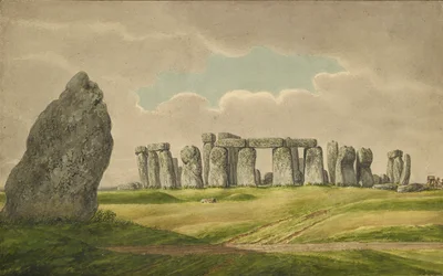 Stonehenge från N.E., visar ruiner och klacksten med vagn, häst, person, 1824-1839
