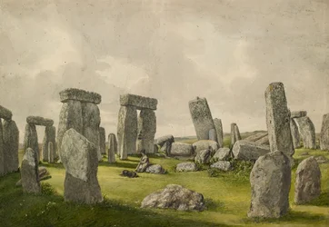 Stonehenges inre i dess nuvarande tillstånd, visar interiör av stenar, människa och hund, 1824-1839